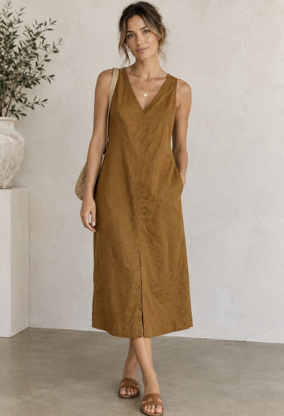 ADAY Free Float Tank Dress XS Brown Midi Sleeveless Shift Linen Minimalist Q18